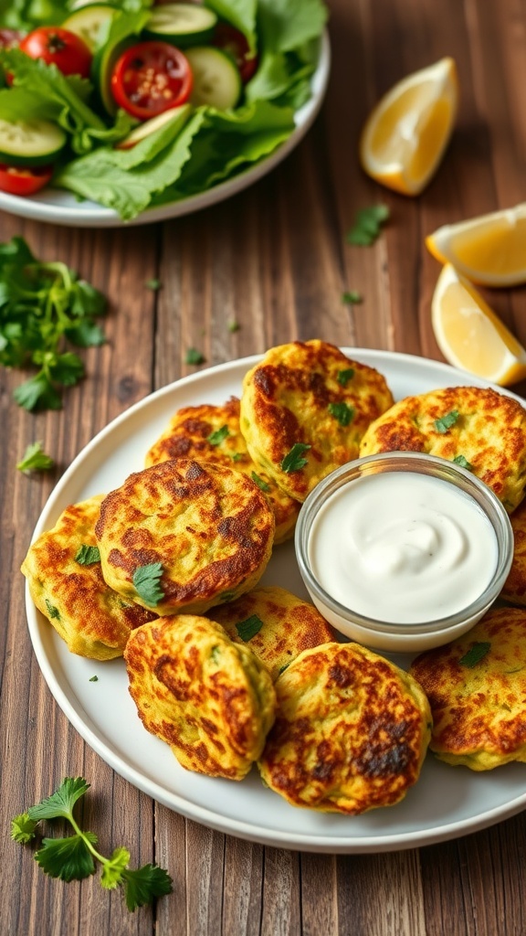 Crispy zucchini fritters on a plate with yogurt dip and herbs, served on a rustic table.